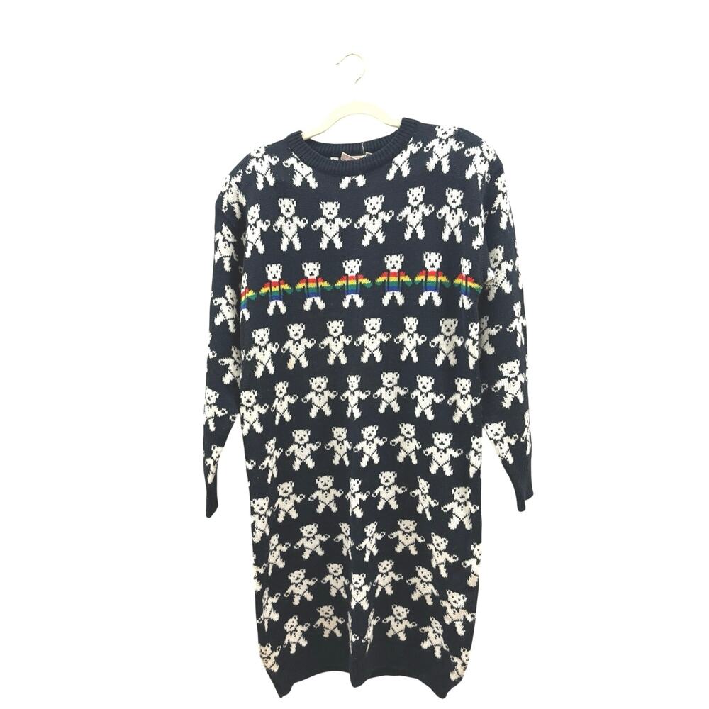 Eclipse Black Crewneck Sweater Dress with White Teddy Pattern and Rainbow Stripe